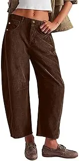 [Generic] Womens Baggy Corduroy Pants Fashion Barrel Cropped Pants Elastic Mid Waist Cord Pants Workout Casual Wide Leg Trouser