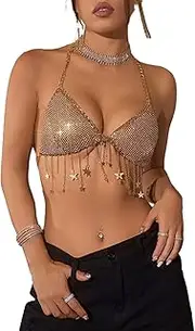 [PURFUN] Women Sparkly Rhinestones Heart Shape Crop Top Sexy Halter Camis Rave Top, Music Festival Beach Night Out Camisole