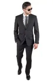 Solid Black Slim Fit Mens Suit 2 Button Notch Lapel Fitted Flat Front Pants AZAR