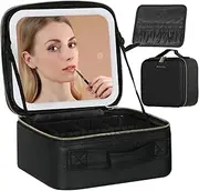 Behaesty Travel Makeup Bag with LED Lighted Mirror, Cosmetic Makeup Organizer Bag with 3 Color Setting, Makeup Train Case with Adjustable Dividers for Women Makeup Brushes Jewelry Accessories, Black,