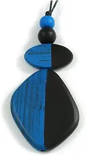 [Avalaya] Blue/Black Geometric Wood Pendant Black Waxed Cotton Cord - 80cm L Max/ 13cm, One Size, Wood, No Gemstone
