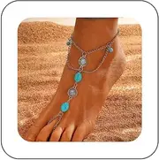 [Xduargs] Boho Turquoise Barefoot Sandal Chain Ankle Vintage Turquoise Ankle Foot Chain Silver Turquoise Flower Toe Link Chain Anklet Turquoise Toe Ring Anklet Jewelry for Women and Girls, Zinc, No