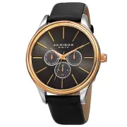 New Men's Akribos XXIV AK870YGB Day/Date Sunray Dial Black Leather Strap Watch