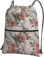 Flower Paris Eiffel Tower Print Drawstring Backpack Gym Bags Sports Bags With Zipper Pocket For Travel Beach, Black, One Size