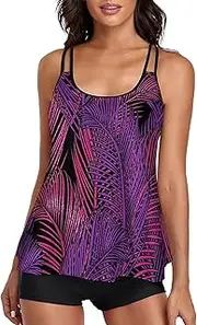 [Hiliby] Flowy Tummy for Women Control Two Suits Swimwear with Boyshorts Bathing Tank Piece Top Swimsuits Swimwears Tankinis Set Plus Size Bathing Suits for Women Leopard