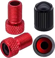 MEAJOO 2PCS Presta Valve Adapter, Aluminum Convert Presta to Schrader Adaptor, Inflate Tire Using Standard Pump or Air Compressor for Bikes, 2 x Black Tire Valve Caps(Reticulated Grain Style, Red)