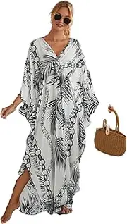 [LOUSEA] Black&White Caftan Dress for Women Plus Size Side Open Beach Coverup Braided Vneck Kaftan Loungewear 8760