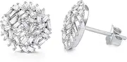 [Ordaamis] White Gold plated Sterling Silver Cubic Zirconia Stud Earrings, Round Cluster Design, Baguette Cut Crystals, Jewellery for Women
