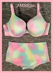 Victoria's Secret Pink Ombre Tie Dye Push Up Bra + Boyshort Panties Set 38DD XL
