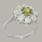 Solid 18k White Gold Natural Peridot & Opal Womens Cluster Ring - Sizes 4 to 12