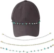 SUNNYCLUE 6 Pieces 3 Styles Faux Pearl Caps Chain Caps Chain Accessories 304 Synthetic Stainless Steel Turquoise Golden Plastic Beads Removable Base Ball Cap Chain with Lobster Clasps for Hutzu