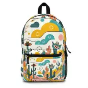 Bag Backpack School Bookbag Retro Western Desert Cat Art Atomic Cactus Pet Art