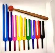 Color Solfeggio Tuning Fork unweighted Set of 9 with Pouch and Mallet