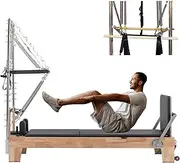 Wood Pilates Machine with Tower, Pilates Reformer Machine with U Shap Pull Bar,jumpboard and Pilates Box for Home Studio Gym Workout