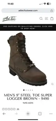 NWT Ad Tec Men’s 9” Steel Toe Logger Boots In Brown Size 11.5M/W