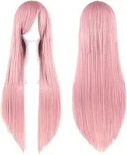 IMISSU 80cm Long Straight Natural Hair Cosplay Wigs with Bangs Colorful Halloween Costume Party Wig for Girl (Pink)