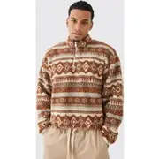 Mens Brown Borg Quarter Zip Aztec Shirt