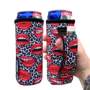 12oz Slim Can Handler - Leopard with Red Lips Design- for Beers and Soft Drinks