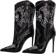 [Generic] Cowboy Boots for Women, Embroidered Western Cowboy Stiletto Heel Boots Pointed Toe Cowgirl Boots, Pull-On Women's Cowboy Boots
