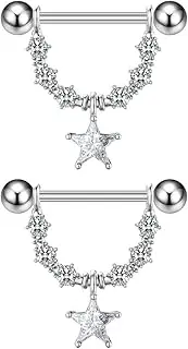 [Kokoma] 14G Nipple Rings with Crystal Dangle Charms Stainless Steel Barbell Star Dangling Teardrop Nipplerings Nipple Piercing Shield Body Piercing Jewelry