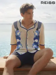 Reiss Ecru/Blue Love Ché Open-Stitch Jacquard Cuban Collar Shirt (Q60919) | $360