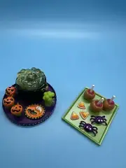 Set Of 2 Halloween Themed Party Ornaments Spiders Cauldron Punchbowl Tray Treats