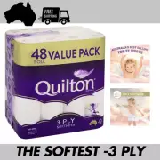 Quilton 3 Ply Toilet Tissue (180 Sheets per Roll 11x10cm) Pack of 48 Rolls FREE