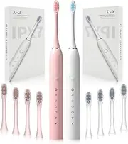 SENWEN 2 Pack Rechargeable Electric Toothbrushes for Adults and Kids, Whitening Tooth Brush with 8 Brush Heads, 6 Cleaning Modes and Smart Timer, Waterproof Cleaning Toothbrushes Set (Pink&White)