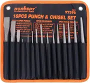 16-Piece Punch and Chisel Set with Taper, Cold, Pin, and Center Punches