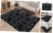 Fluffy Rug for Bedroom 4x6 Black Floor Runner Rug Non-Slip Shag Rug, Tie Dyed