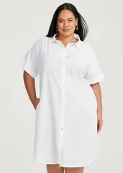 [Taking Shape] Taking Shape Cotton Linen Shirt Dress Size 16 in White - Plus Size Women's White