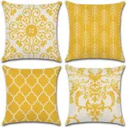 Set of 4 Pillow Covers 18x18, Yellow and White Boho Style Linen Fabric