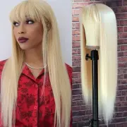 #613 Blonde Long Straight Synthetic Hair Wigs with Bangs Women's Costume Wig ...
