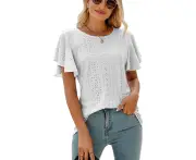 Women T Shirt Ruffle Short Sleeve Round Neck Hollow Out Pure Color Casual Lady Blouse For Daily Work Dating White Xxl