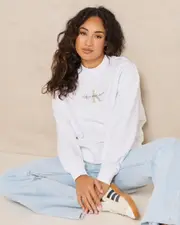 [Calvin Klein] Calvin Klein Women's Monologo Sweatshirt in Bright White Size Small S Bright White