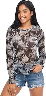 [AIXIWAWA] Women Long Sleeve Mesh Sheer Top Black White Leaf, Sexy See-Through Blouse for Party Evening Wear S