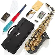 Mendini by Cecilio Eb Alto Sax w/Tuner, Case, Mouthpiece, 10 Reeds, Pocketbook and 1 Year Warranty, MAS-BK Black Lacquer E Flat Saxophone