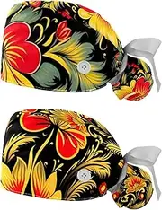 [YTYVAGT] 2-Pc,Nurse Scrub Caps,Scrub Hats with Buttons and Cotton Sweatband,Ethnic Flower with Dark Blackground