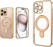 Lyvixora Magnetic Case for iPhone 15 Pro, Magnetic Ring Stand Compatible with MagSafe, Full Camera Lens Protector, Plating Edge Design, Slim Shockproof Protective Clear Back Cover for 6.1 Inch, Gold