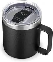 Volhoply 14oz Insulated Stainless Steel Coffee Mug with Leakproof Lid,410ml Double Wall Vacuum Travel Coffee Cup with Handle,Reusable Metal Cups Tumbler,Camping Mugs Keep Hot/Cold(Black,1)