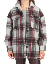 7 FOR ALL MANKIND Oversized Plaid Shirt Jacket Relaxed Shacket Coat Red/Black S