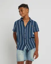 [Skylark] Skylark Boys' Trinity Short Sleeve Shirt in Navy/White Size 12 12 Navy/White