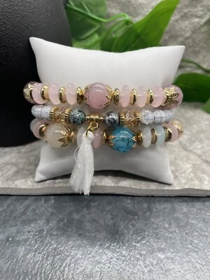 3 PC Handmade Bohemian Beaded Stackable 7" Plus Stretch Bracelet Set New B1065
