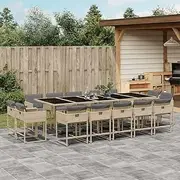 15 Piece Garden Dining Set with Cushions Mix Beige Poly Rattan Outdoor Patio Furniture Set with Table & 14 Wicker Chairs and Foldable Backrests, Porch Clearance, Sale