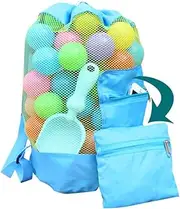 [KONTONTY] Beach Mesh Tote Bag Foldable Storage Bag for Shells Backpack for Swimming Outdoor Activities Lightweight Blue Design
