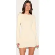 Almond Onion Skin Boat Neck Flute Sleeve Mini Dress, Almond
