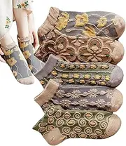 Generic Retro Floral Socks - Embossed Floral Cotton Socks 5 Pairs - Pretty Decorative Cute Fall Crew Socks for Gifts