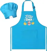 R HORSE 2 Pcs Kid Apron and Chef Hat Set, Adjustable Children Blue Kitchen Apron Cooking Baking Painting and Training Kits Dress Up Role Play Chef Toy Kid Funny Cooking Gift New Year