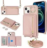SunYoo for iPhone 13 Mini Crossbody Case with Card Holders Money Slots Zipper Coin Purse Rotatable Ring Kickstand Cover Wristlet Strap Lanyard Litchi Leather Wallet Cover for iPhone 13Mini Pink