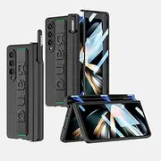 Magnetic Hinge Pen-Box Phone Case for Samsung Galaxy Z Fold 4, Folding Shell with Wristband for Z Fold4, Protective Cover with Tempered Glass Film
